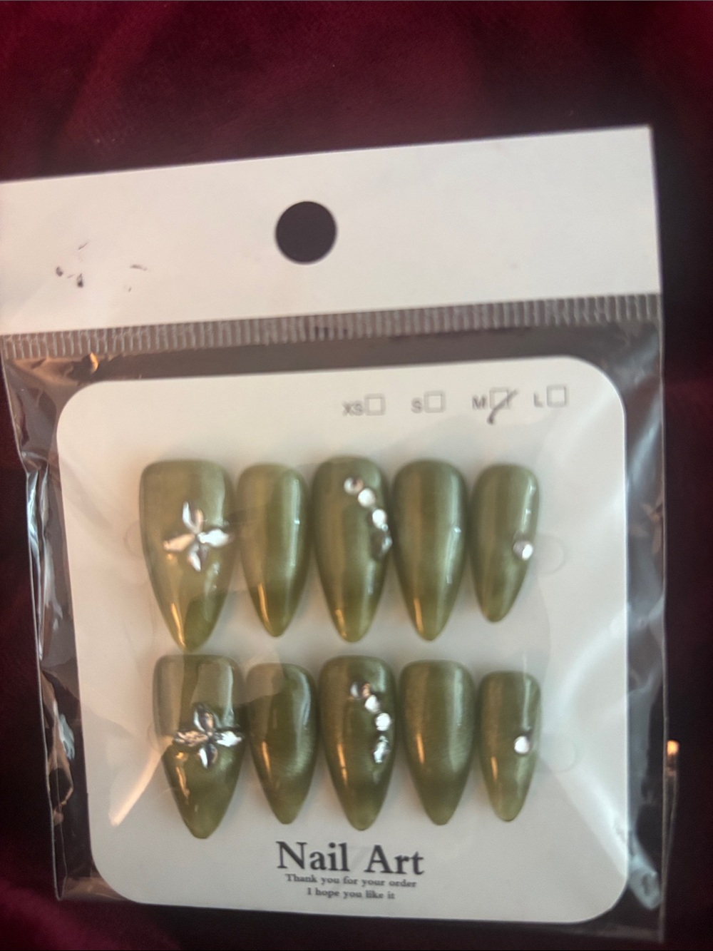 Olive Green Press-On Nails with Rhinestone Accents